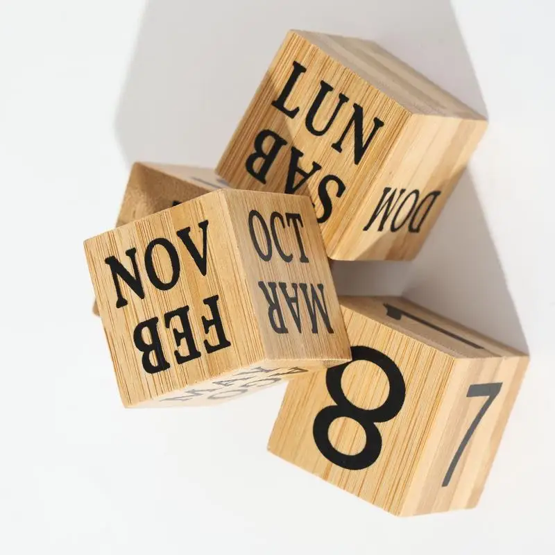 Wood Block Perpetual Calendar Rustic Number Pattern Blocks Creative Block Calendar for Desk Retro Month Date Display Blocks