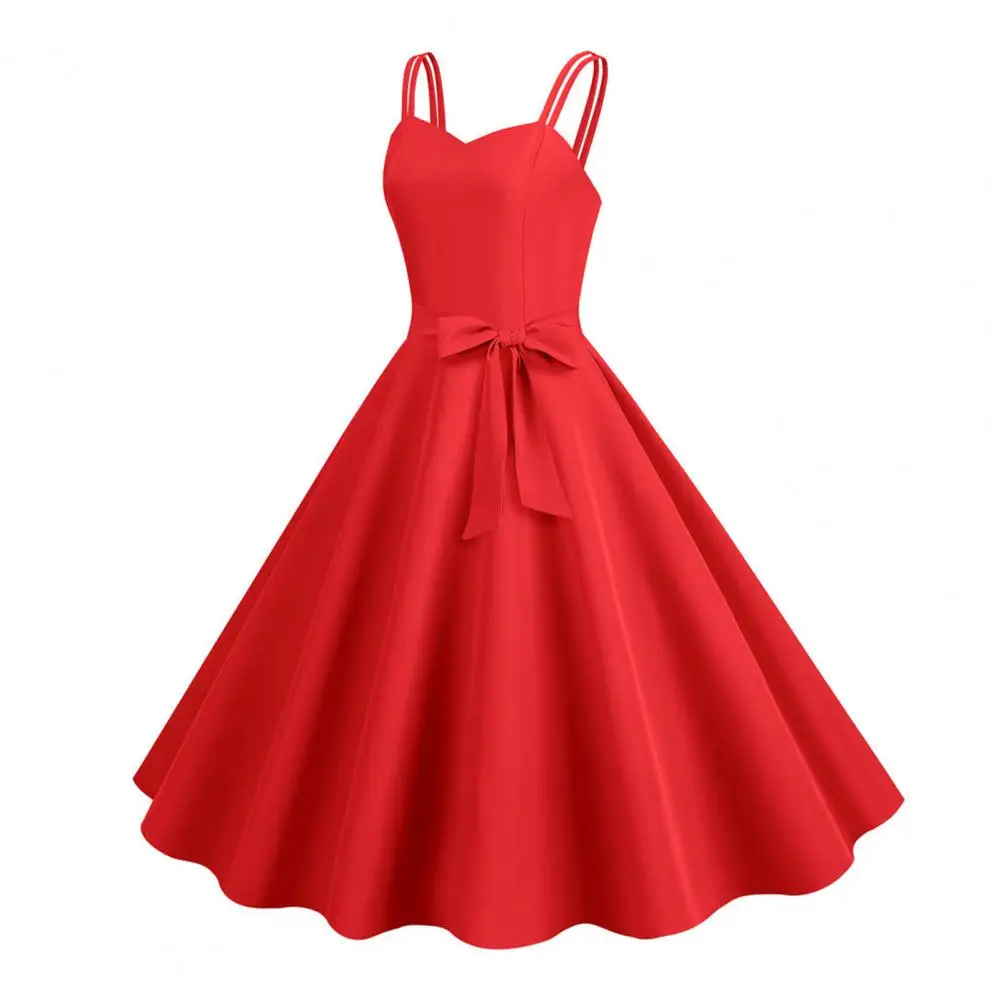 

V-neck Dress Elegant Vintage A-line Midi Dress with Backless Design Spaghetti Straps Bow Decor for Prom Cocktail Parties