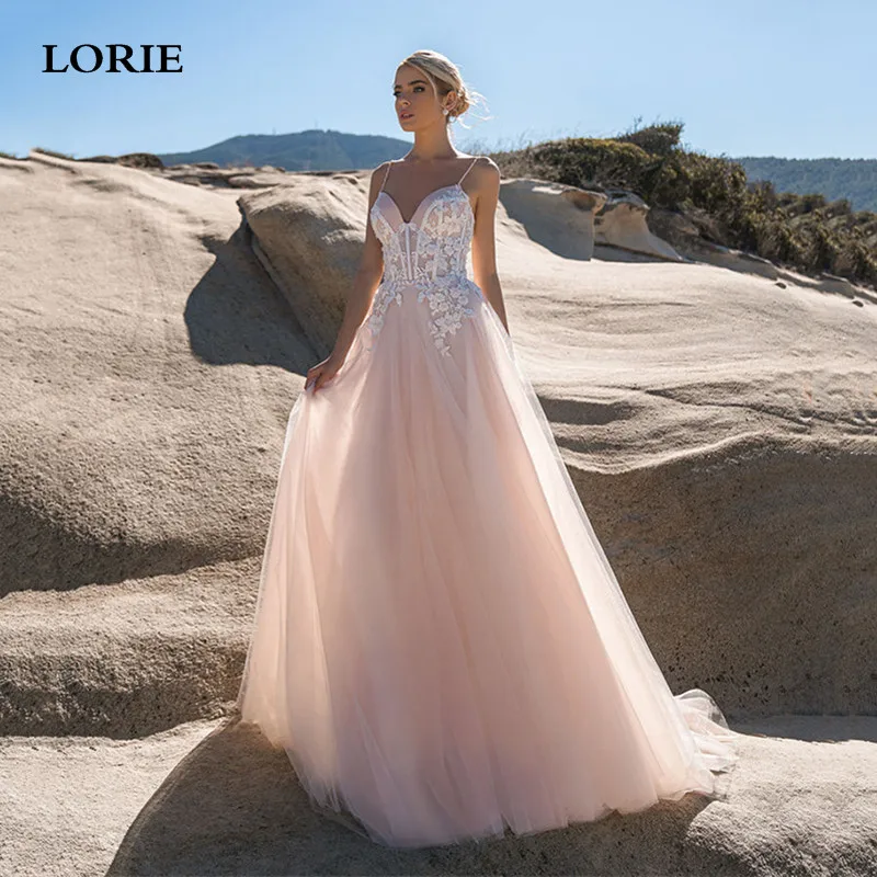 LORIE Blush Pink Wedding Dresses A Line Spaghetti Straps Ivory Lace Bridal Gowns Beach Sweetheart Neck Wedding Party Gowns 2023