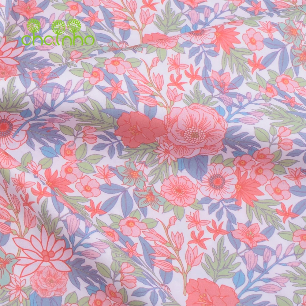 Chainho,Printed Plain Weave Poplin Cotton Fabric,DIY Quilting Sewing Material,Patchwork Cloth,Floral Series,3 Sizes,15PC215