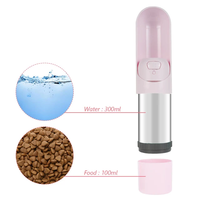 Portable Pet Dog Water Bottle 300ml Drinking Bowl for Small Large Dogs Feeding Water Dispenser Cat Dogs Outdoor Bottles Pink Without Filter