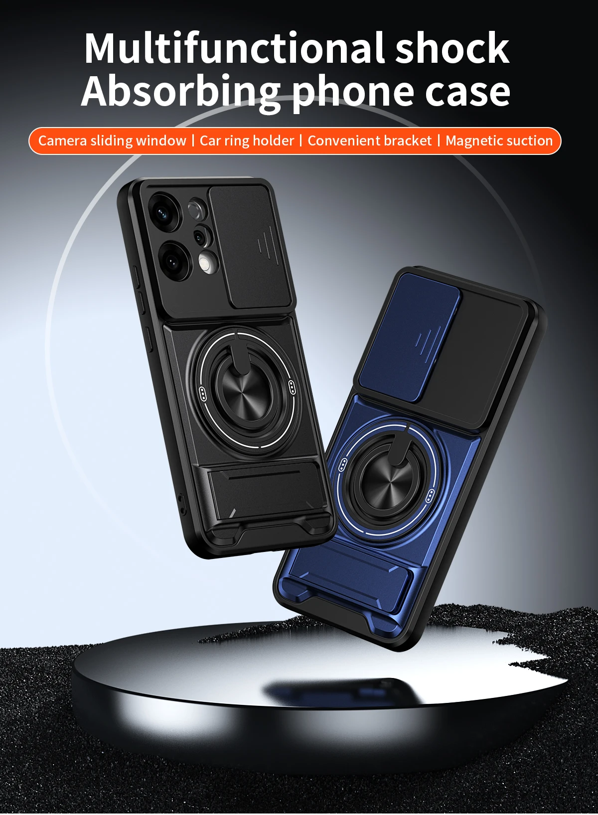 Enhanced Magnetic Ring Protective Phone Case with Camera Sliding Cover and Double Bracket
