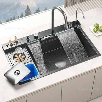 Lavello da cucina a cascata in acciaio inossidabile Display digitale Lavelli per piatti multifunzionali a fessura singola di grandi dimensioni Lavabo in rilievo 1