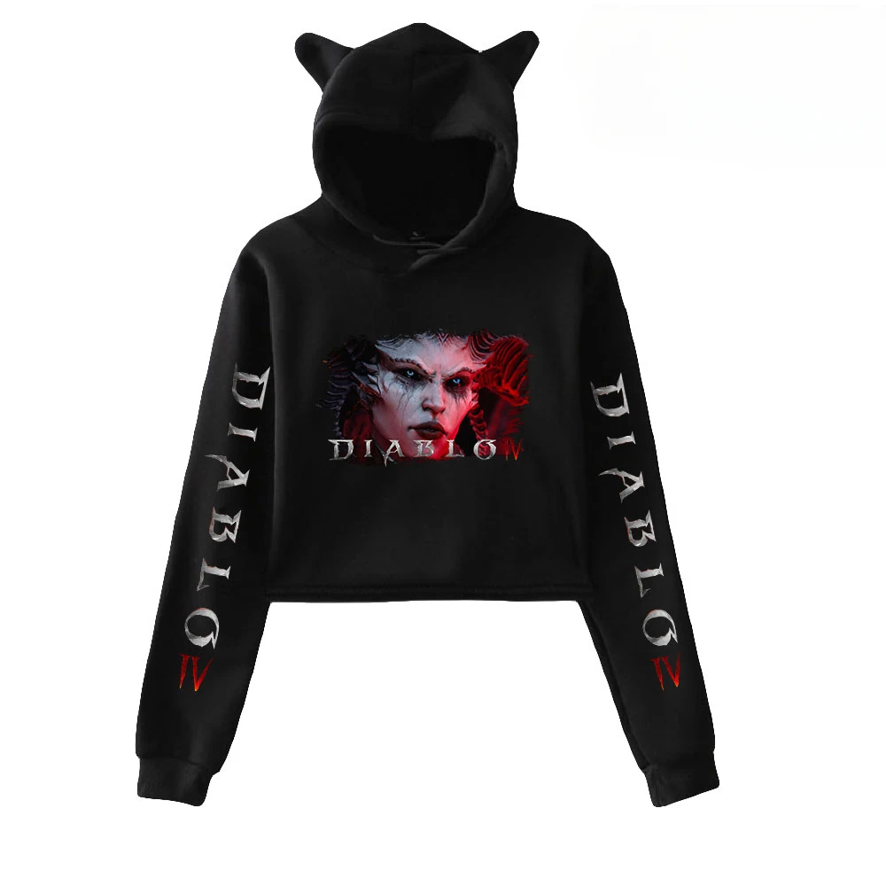 

Hot Game Diablo IV Kawaii Crop Top Hoodie Funny Cat Ear Cropped Short Sweatshirt Hooded Pullover Women Tops Streetwear