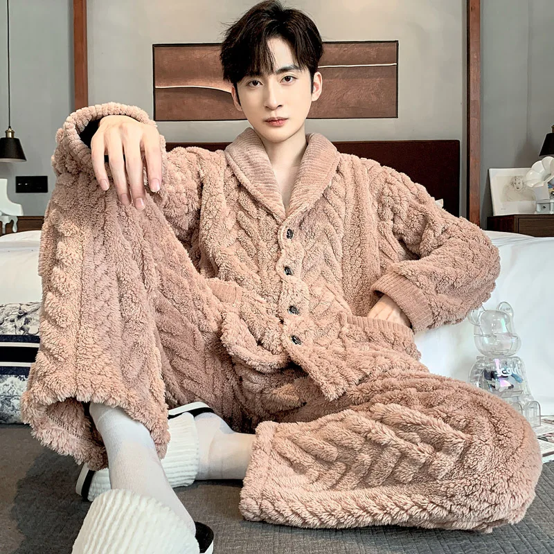 

Пижамный комплект мужской из 2 предметов, теплая фланелевая одежда для сна, свободная однотонная Домашняя одежда с длинным рукавом, комплекты домашней одежды, Осень-зима