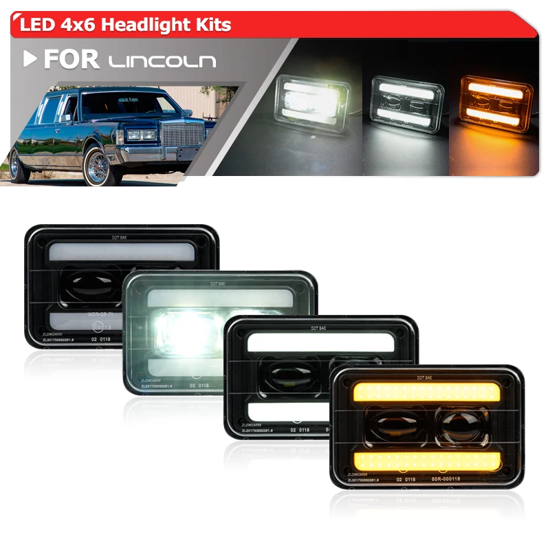 

For Lincoln Town Car Mark VI Continental Versailles Upgraded 4x6" LED Headlights DRL/Turn Signal/Hi/Lo Sealed Beam Headlamps