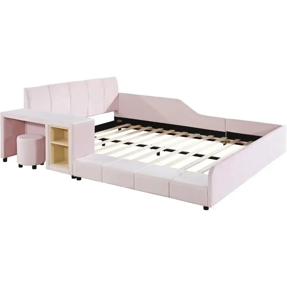Upholstered Grounded Bed Platform Bed,with Bedside Desk and Little Round Stool Wooden Queen Size Mother & Child Bed Frame 4
