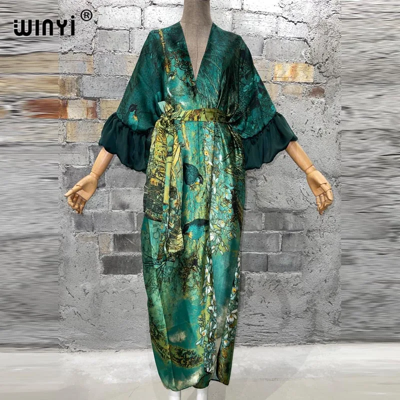 

WINYI Fashion print Self Belted dress Women Elegant Summer holiday Bubble sleeve cardigan beach Wear Swim Suit cover up kimono