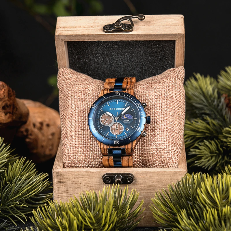 BOBO BIRD Men's Watches Wood & Stainless Steel Combined Wristwatch Chronograph Auto-Date Clock With Gift Box 4