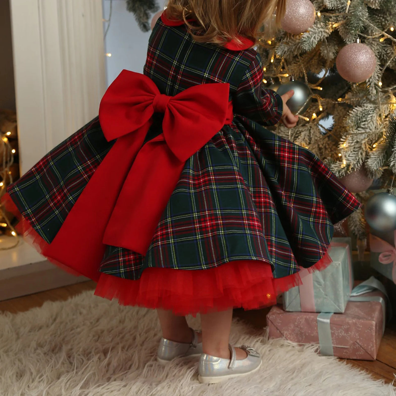 Little Toddler Baby Girl Christmas Outfits Red Plaid Ruffle Sleeve