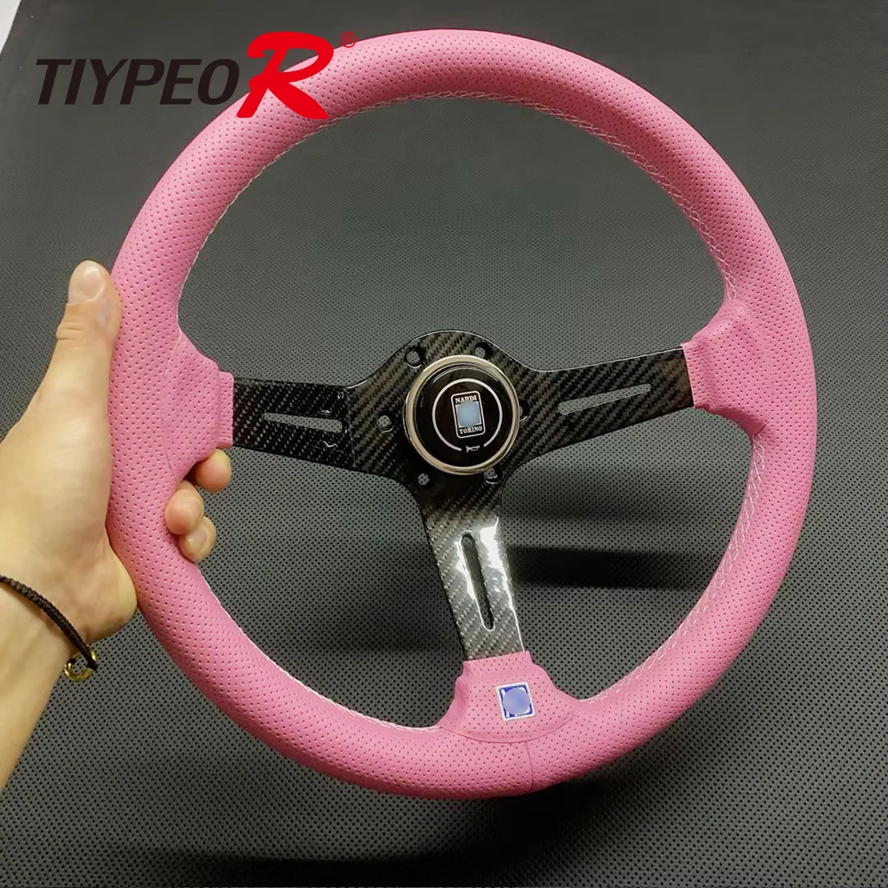 

JDM Style New Charcoal Fiber Bracket Microfiber Perforated Leather Grip Pink Car Steering Wheel 14inch 350mm Steering Wheel