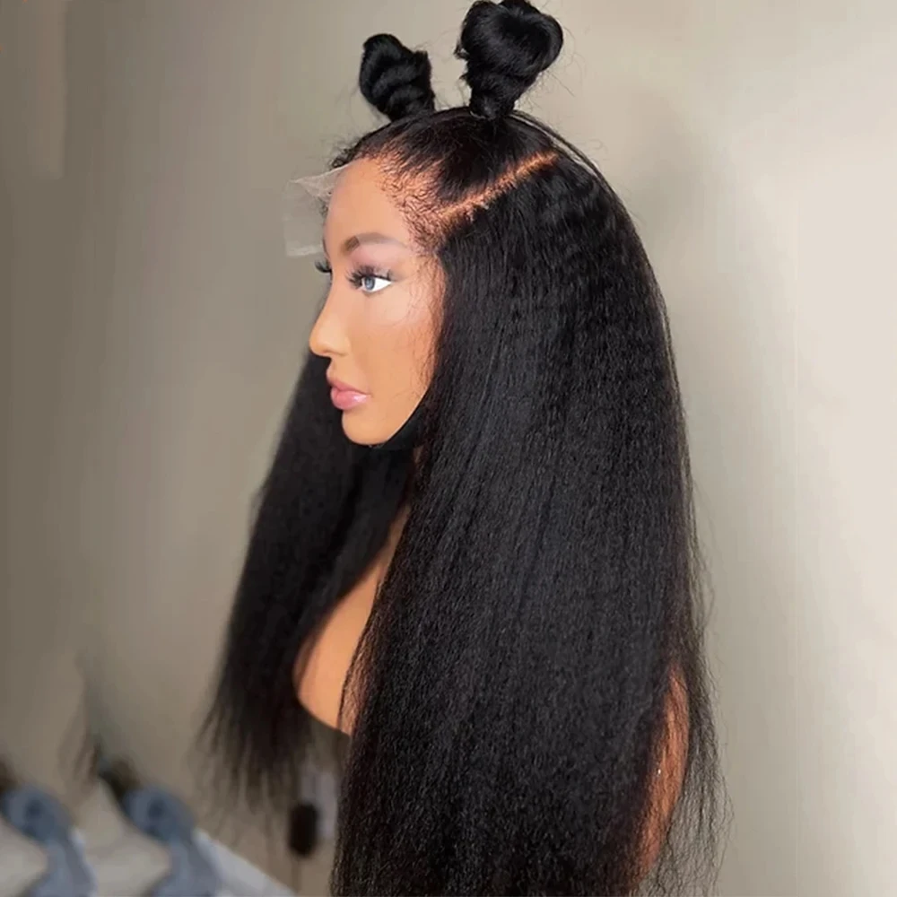 

QW Black Preplucked Yaki Long 180% Density Kinky Straight Soft Synthetic Lace Front Wig For Women Glueless Middle Part Baby hair