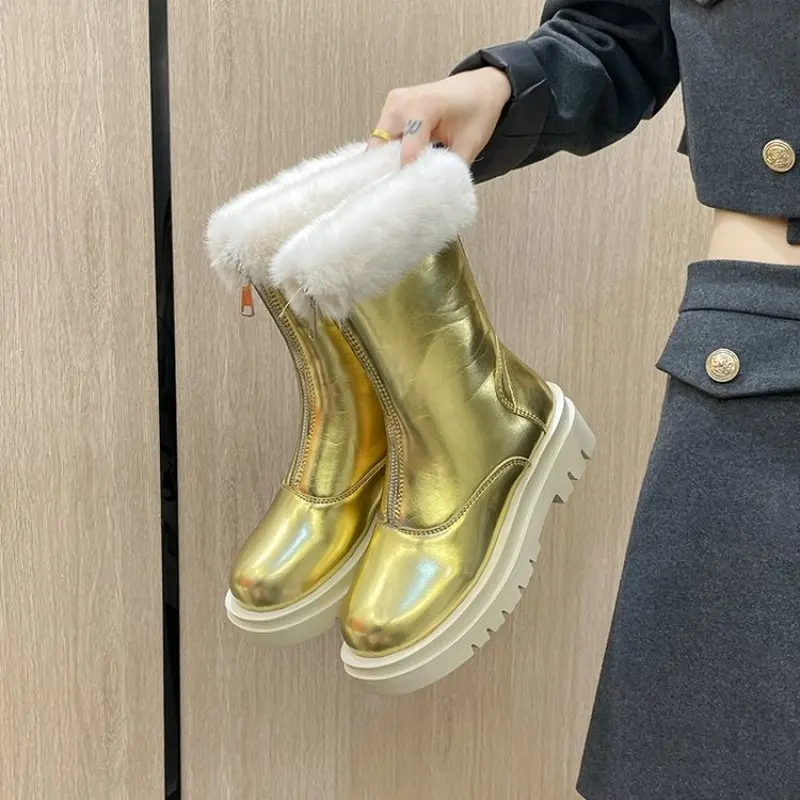Women's Shoes High Quality Front Zipper Women's Boots Winter Round Toe Solid Plush Warm Platform Water Proof Short Boots Big Siz