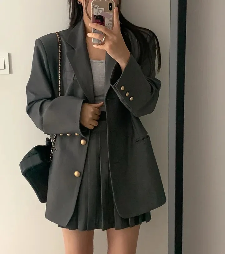 Korean Chic Two-piece Skirt Set Women Single Breasted Blazer Loose Jacket Solid Pleated Mini Skirt Autumn Office Lady Outfits