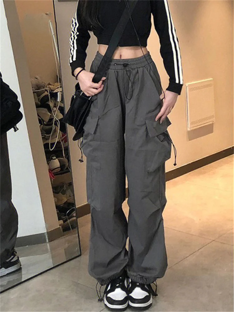 QWEEK Y2K Streetwear Gray Cargo Pants Women Oversized Hip Hop Egirl Pockets Wide Leg Trousers Korean Style Drawstring Sweatpants