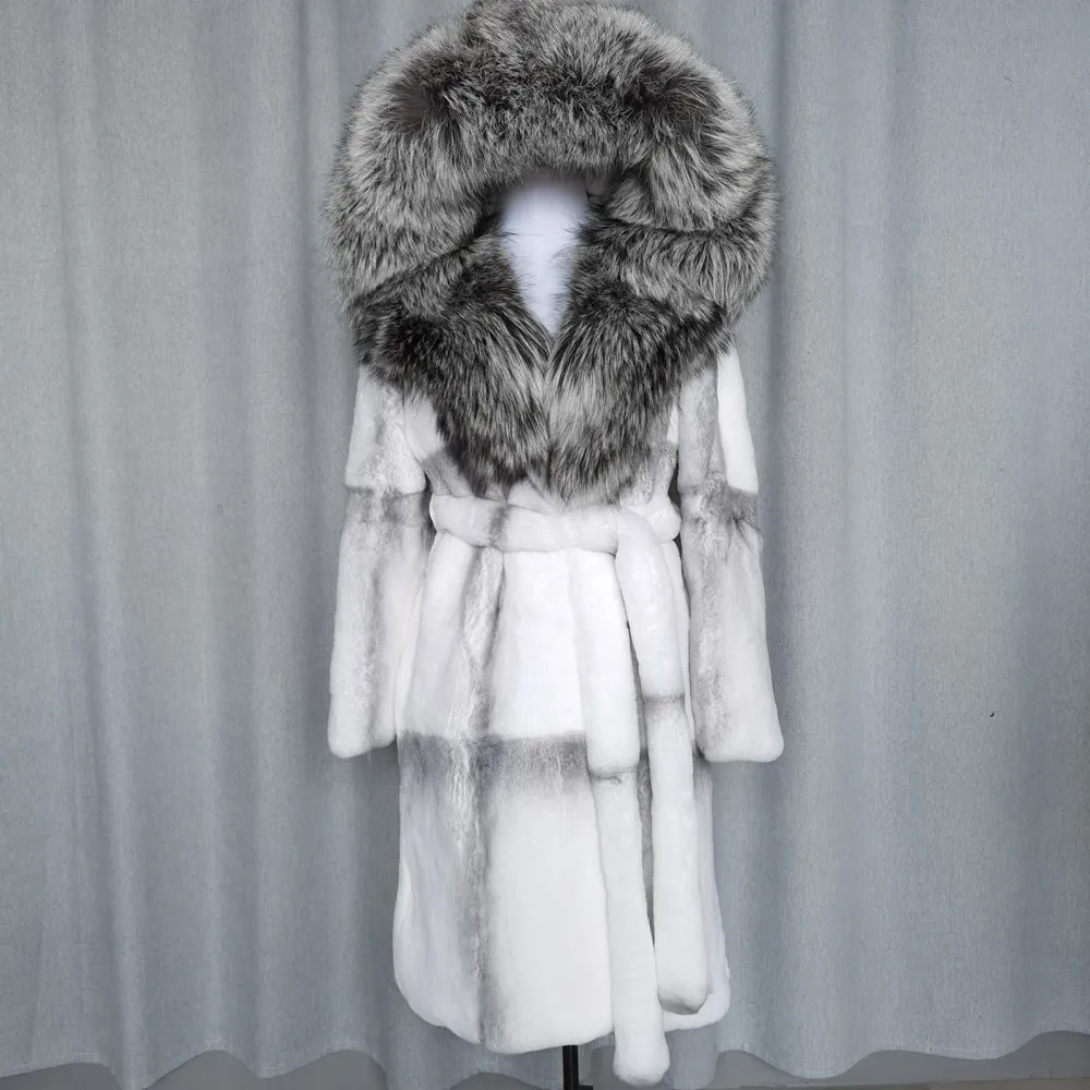 

2024 Natural Fur Real Fur Coat Lexus Natural Rabbit Fur Coat Woman Fox Fur Collar Thick Warm Overcoat Luxury Outerwear