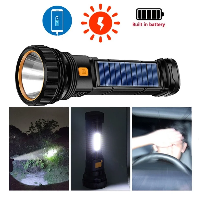 USBSolarChargingFlashlightBuiltinBatteryTorchwithSideLanterna