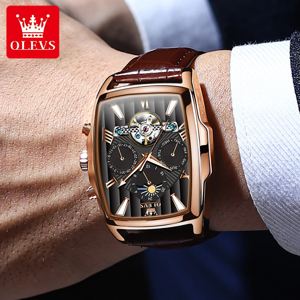 OLEVS New Skeleton Tourbillon Watches Mechanical Automatic Watch Men Sport Clock Casual Business Moon Wrist Watch Relojes Hombre