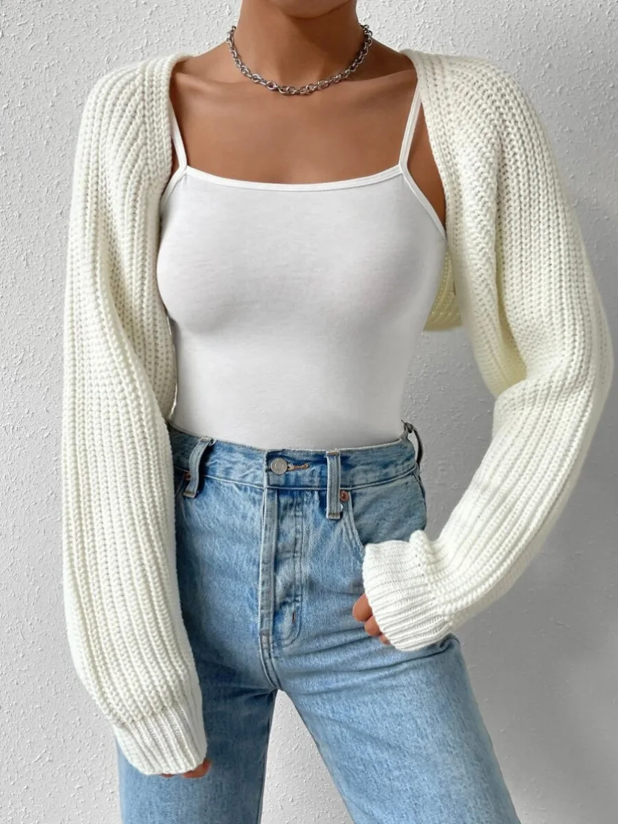 

Autumn Fall Women's Knitted Cropped Cardigans Casual Solid Color Long Sleeve Ribbed Shrug Sweater Bolero Tops Knitwear