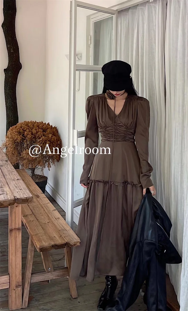 Autumn Satin Midi Dresses for Women Long Sleeve V-neck Folds Design A-line Korean Fashion Office Lady One Piece Vestidos New