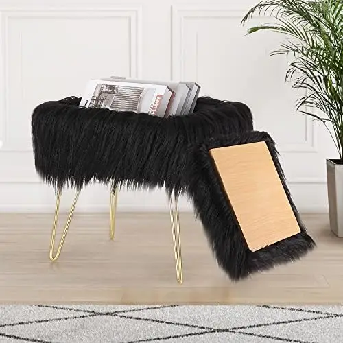 

Stool Faux Fur Ottoman Cute Rectangle Faux Fur Chair with Storage, Fuzzy Bench Fluffy Footrest, for Girls Up to 330 LBS, for Mak