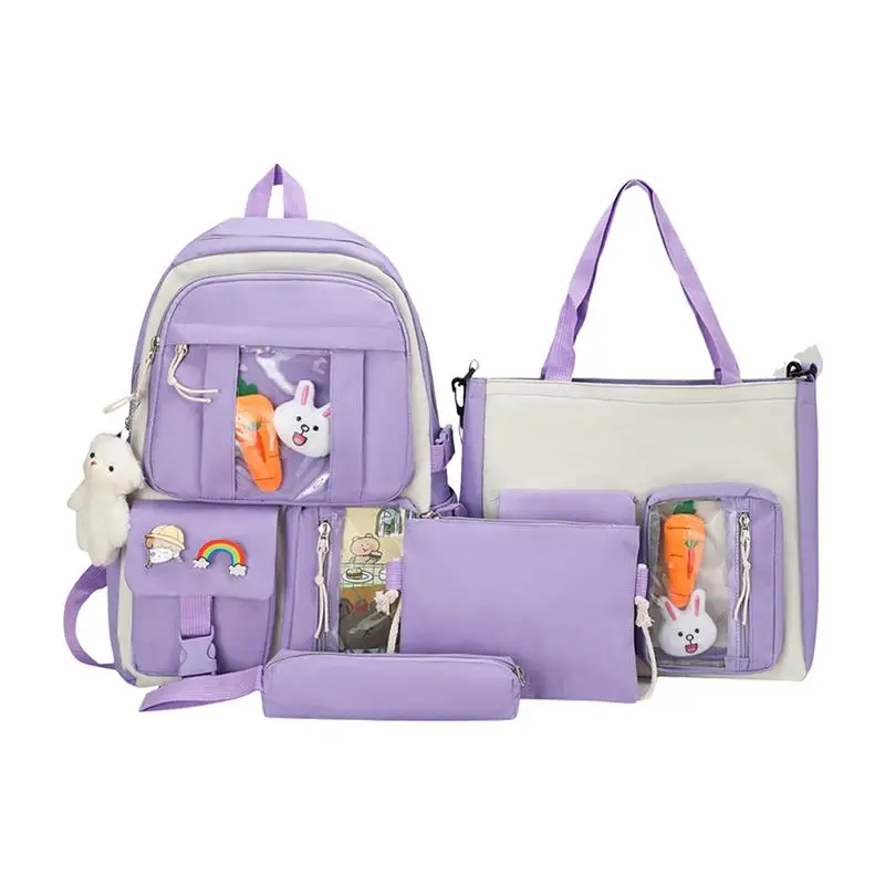 

Kawaii Backpack Set 4-pcs Girls School Backpack Large Capacity Schoolbag With Kawaii Pin And Accessories Student Travel Bag For