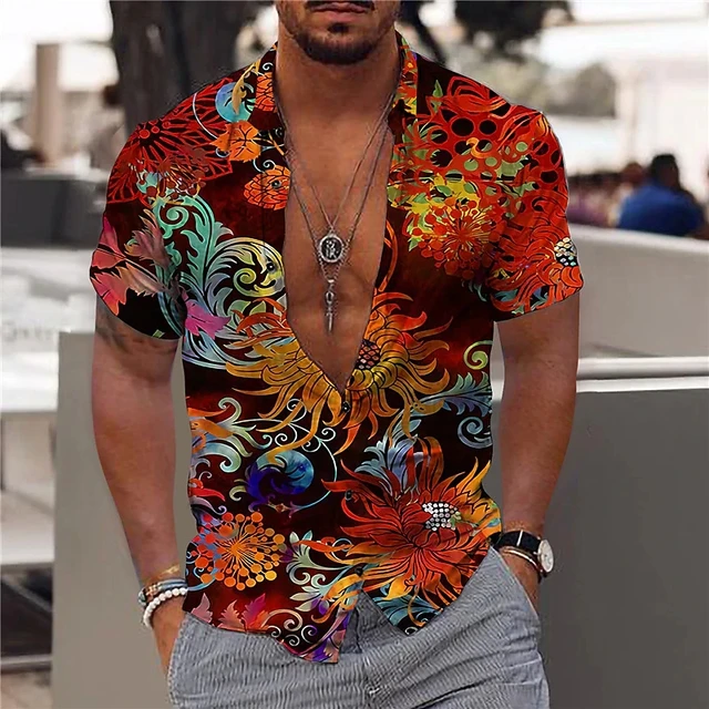 LoulusVintageKloset Summe Men's Hawaiian Shirts Maple Leaf Print V-Neck Shirts for Men Button-Up Short Sleeve Tops Streetwear Trend Men Clothes,Summer Hawaiian