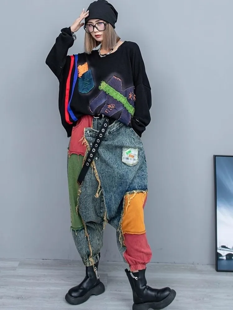 여성용 힙합 하렘 바지, 하이 웨이스트, 혼합 색상, 루즈핏 스트리트웨어, 드롭 가랑이 청바지, 빈티지 캐주얼 바지, 데님 바지