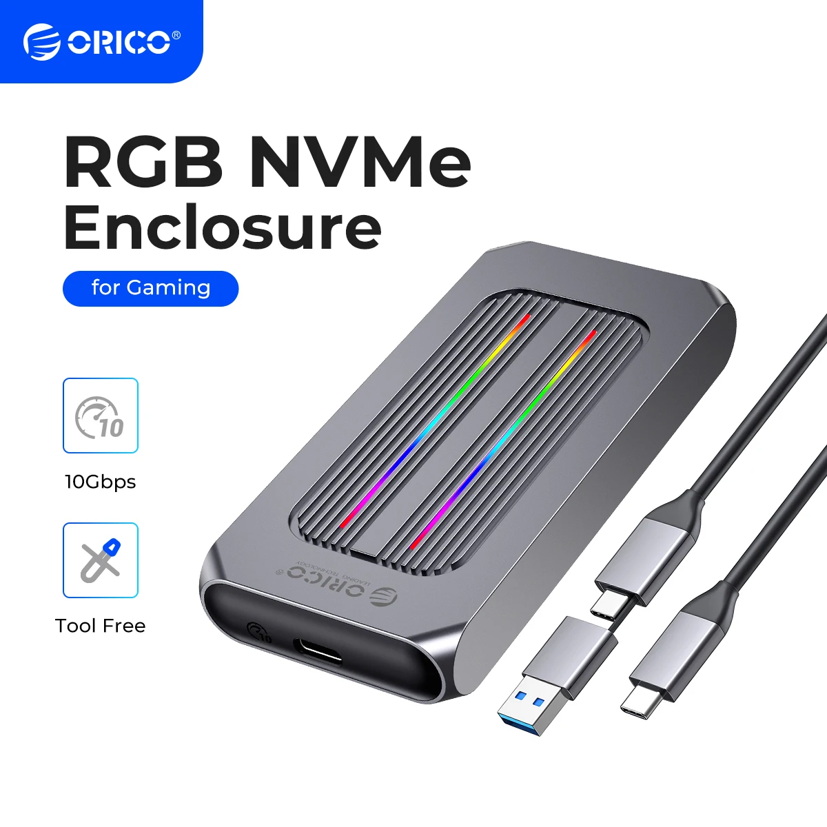 Orico-todo o Alumínio Ssd Enclosure Case para Gamer Edição de Vídeo Rgb Nvme 10gbps Usb 3.1 Gen2 Solid State Drive