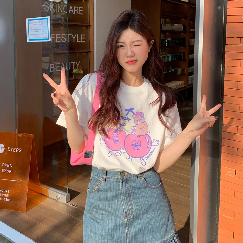 

Female Korean Harajuku Retro Cartoon Bear Print Loose Lazy Tshirt Women's T-shirts Tops Japanese Cute Ulzzang Clothes For Women