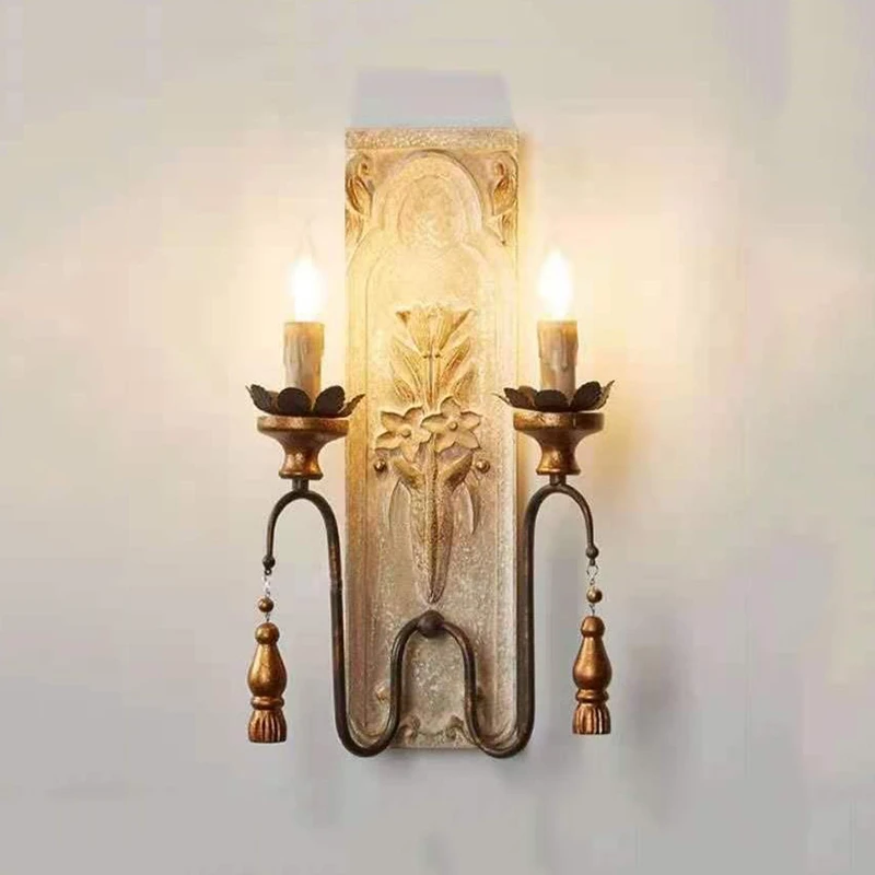 

Solid Wood Carving Wall Lights Living Dining Room Balcony Vintage Wall Lamps 2 Heads Retro Industrial Lighting Wall Sconce