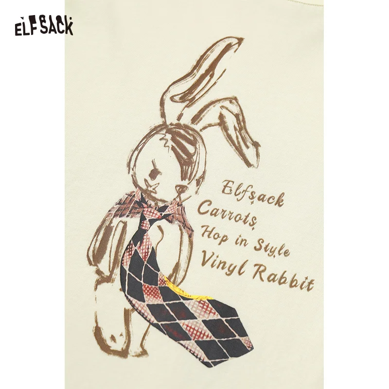 ELFSACK 2025 Women's Casual Loose Fit round Neck Long Sleeve Tee Rabbit Print New Autumn Arrival 5