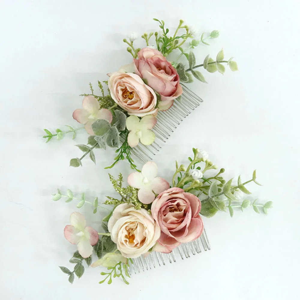 Vintage Pink Silk Rose Bridal Headwear for Wedding Handmade Hair Comb Set Florals Green Leaves Pisn tocado para cabello novia