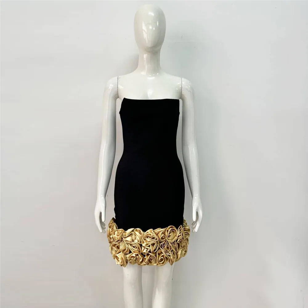 Gold 3D Flowers Hemline Evening Dresses Black Strapless Short Bandage Dress  Sleeveless Backless Floral Mini Prom Bodycon Cockta - AliExpress 200000345
