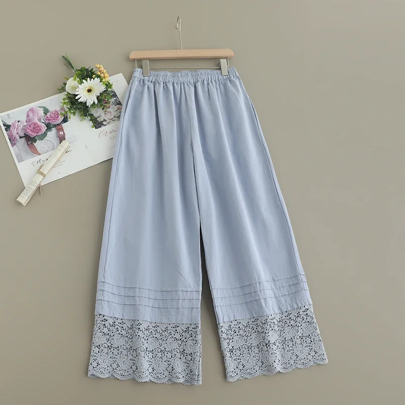 Summer Sweet Mori Girl Hollow Out Embroidered Straight Pants Women Elastic Waist Casual Loose Cotoon Pants