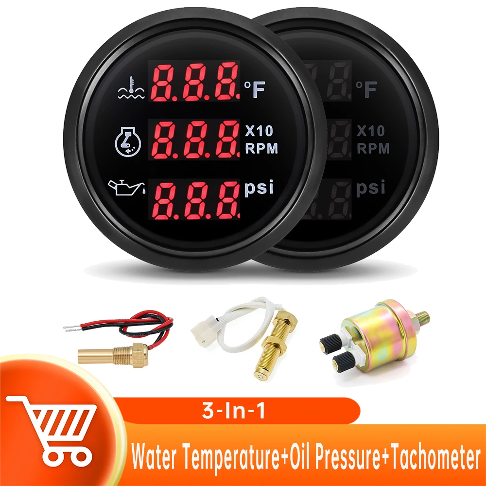 

52mm Multi- Functional Gauge 3 in 1 Gauge Water Temp Tachometer Oil Pressure with Sensor Red Backlight for Car Boat