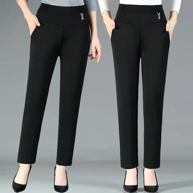 High Waist Trousers for Middle-aged Elderly Women Loose Straight Plus Size Three-dimensional Decoration Chain Black Ankle-length