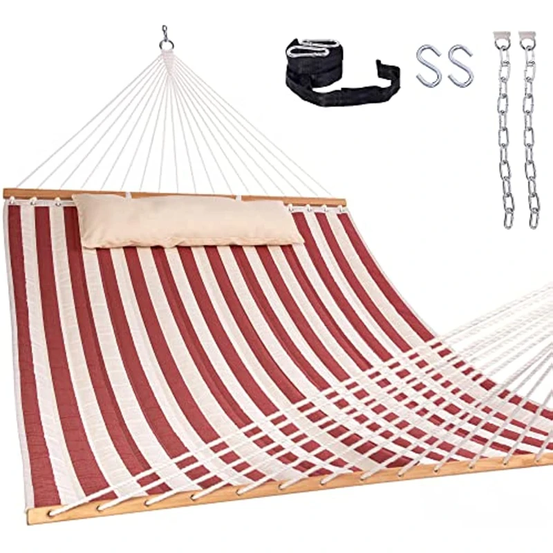 

Red&White Strip Quilted Fabric Hammock Double Hammock with Spreader Bar and Soft Pillow 2 People Hammock 450 LBS Weight Capacity