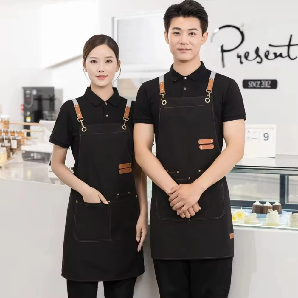 Waterproof Kitchen Apron For Women/Men Pockets Work Mandil Cleaning Pinafore Restaurant Shop Waiter Work Uniform