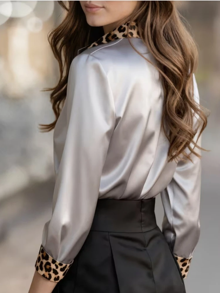 Spring Autumn New Women's Leopard Print Lapel Cardigan Color Tin Satin Long Sleeve Long Sleeve Shirt Elegant Solid Color Blouse