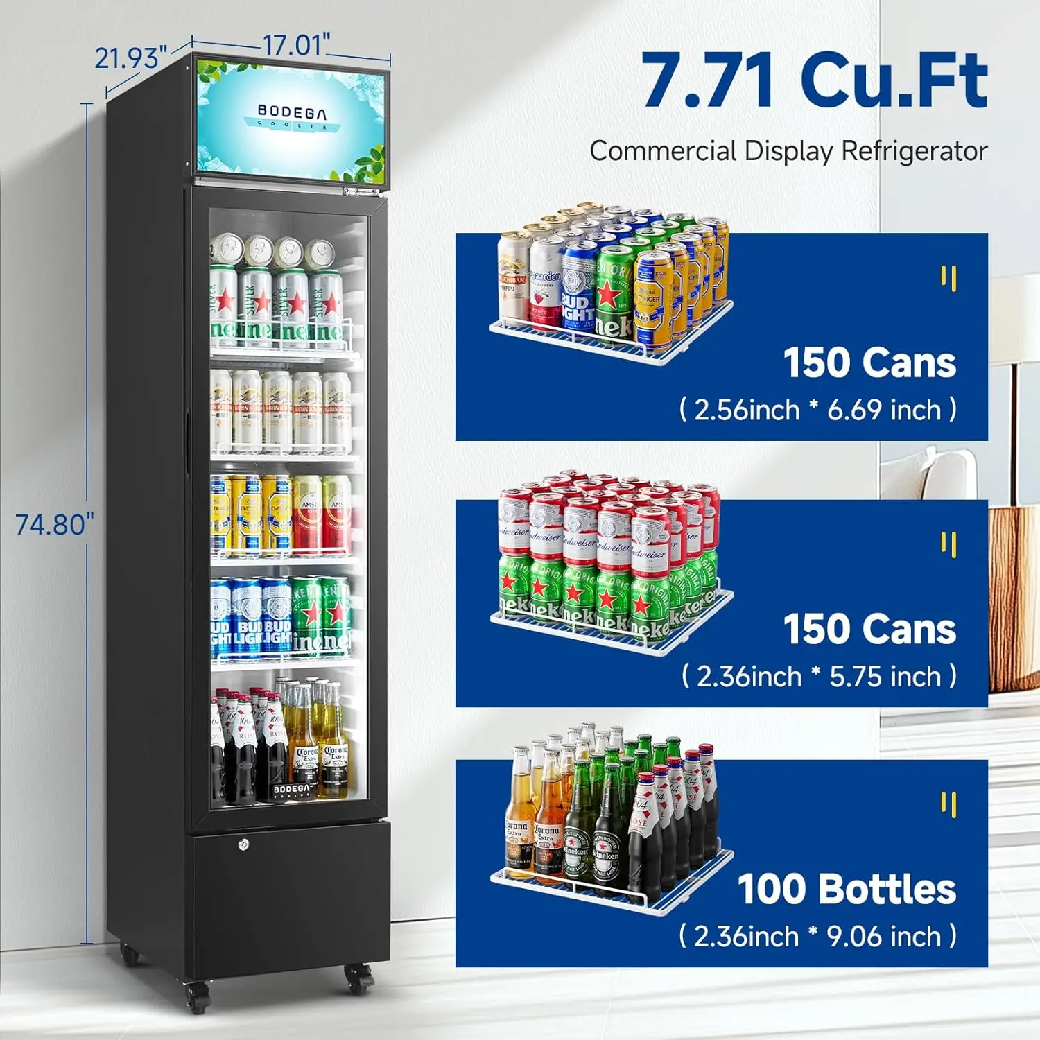 Commercial Beverage Cooler, 7.71 Cu. Ft Single Door Display Fridge for Beer & Soda 2