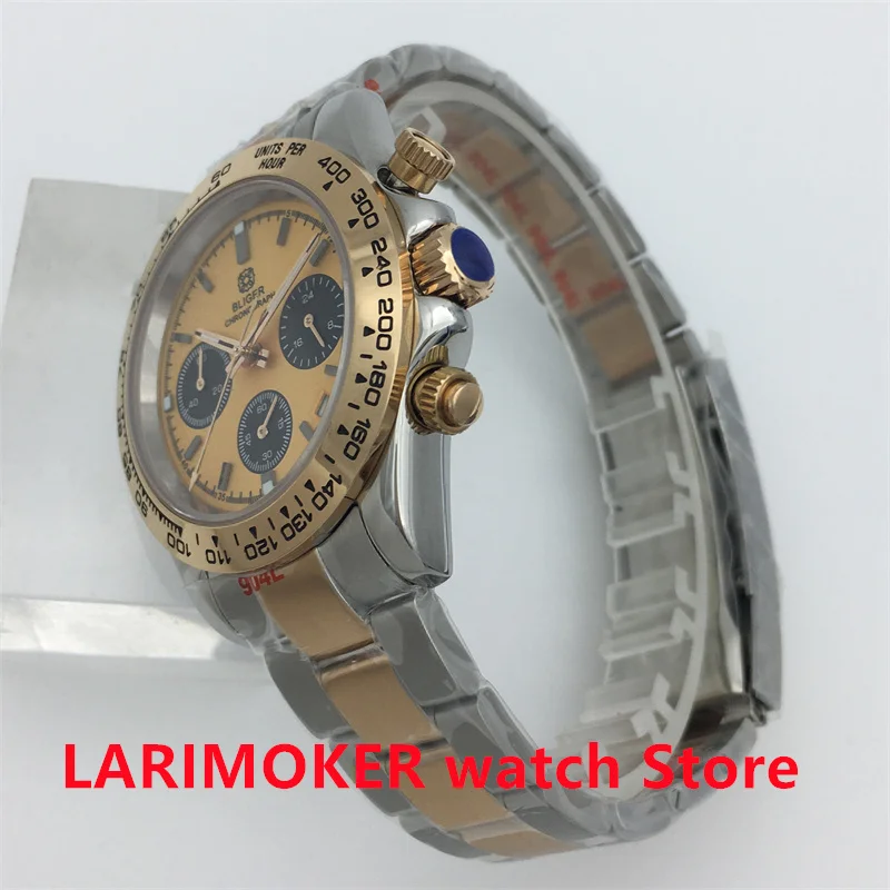 BLIGER 39mm Sports Timing Multifunctional quartz watch VK63 Movement sapphire glass black dial luminous Date Steel bracelet