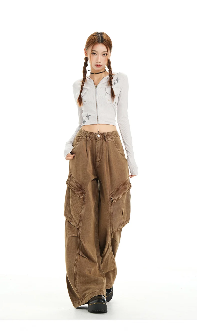 Retro Casual High Waisted Baggy Cargo Jeans Women Washed Distressed Wide Leg Pants Brown Denim Y2K Streetwear Vintage Trousers