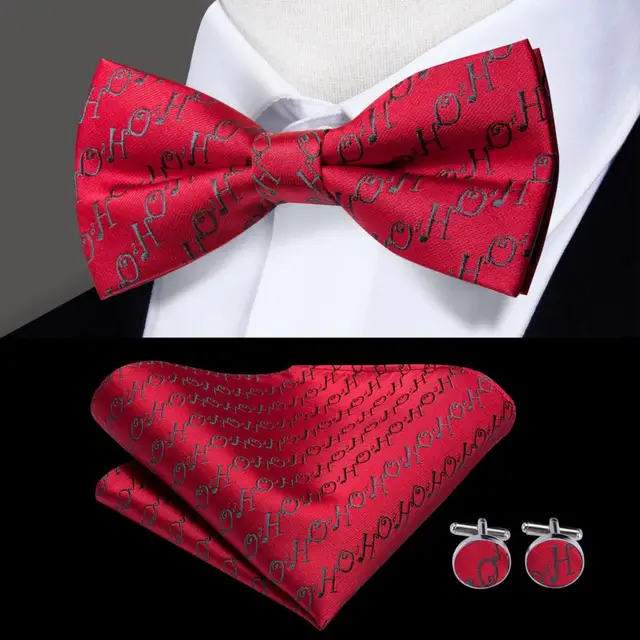 Hi-Tie Classic Black Bow Ties for Men 100% Silk Butterfly Pre-Tied Bow Tie Pocket Square Cufflinks Suit Set Floral Gold Bowties LH-543