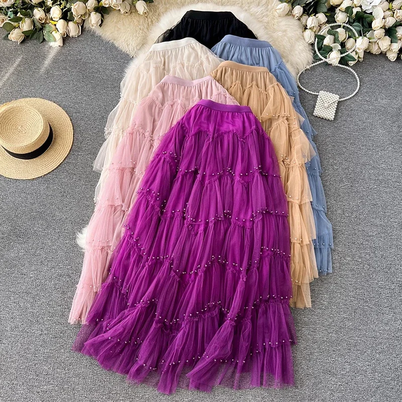 

Women Tulle Long Skirt 2024 New Autumn Winter Fashion Beading A Line High Waist Tutu Mesh Maxi Skirt Female Purple L557