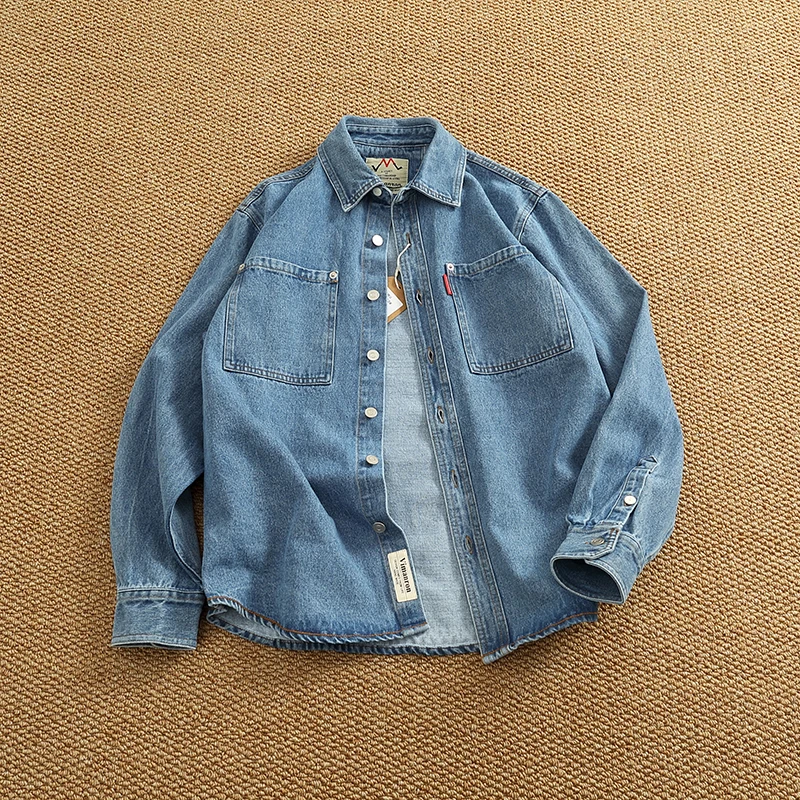 Spring American Retro Heavyweight Double Pocket Denim Cargo Shirt Men's Simple Cotton Washed Casual Blouses Thin Jacket
