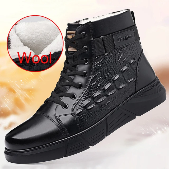 Winter New Shoes for Men Wool Boots Fashion High Tops Genuine Leather  Casual Shoes Cool Outdoor Crocodile Print Snow Boots - AliExpress