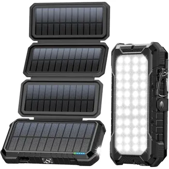 20000mAh 4‑Panel Solar Power Bank with PD Fast Charging, Dual USB, LED Camping Light, Compass, and Carabiner 1