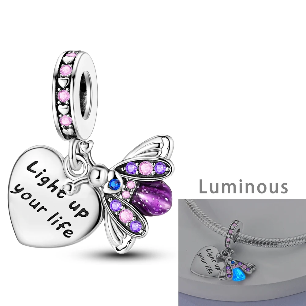 Silver Plated Glowing Luminous Firefly Charms Fit Original Pandora Charm Beads Pendent Dangle Bracelet DIY Women Jewelry Gift