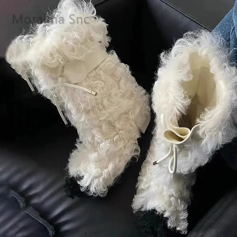 

Faux Wool Fur Ankle Boots for Women Mid-Calf Boots Warm Chunky Heel Snow Boots Winter Boots 2023 New Arrival Women's Shoes